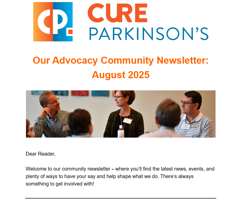 A screenshot of the Cure Parkinson's Advocacy Community Newsletter